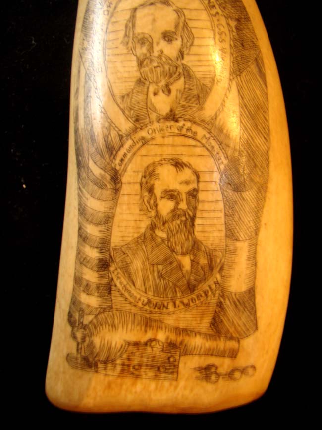 A fine late 19th or early 20th century scrimshawed whale's tooth with Civil War naval battle